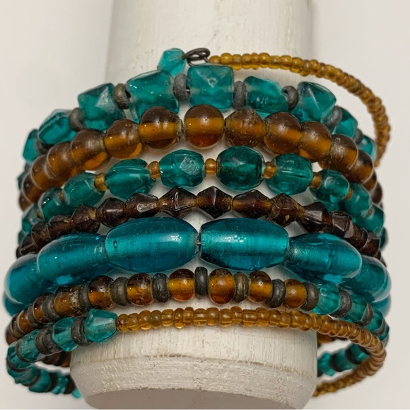 Turquoise teal amber brown glass beaded boho bohemian memory wire bracelet - Picture 4 of 8